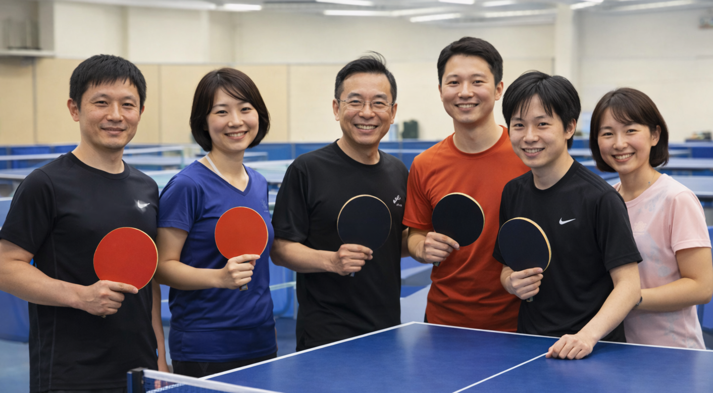 品川区西五反田のOverLight卓球道場の大人の生徒が記念撮影するイメージ